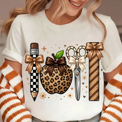 Cute Boho Teacher Shirt, Leopard Print Apple & School Supplies Graphic Tee, Fall Back to School Apparel