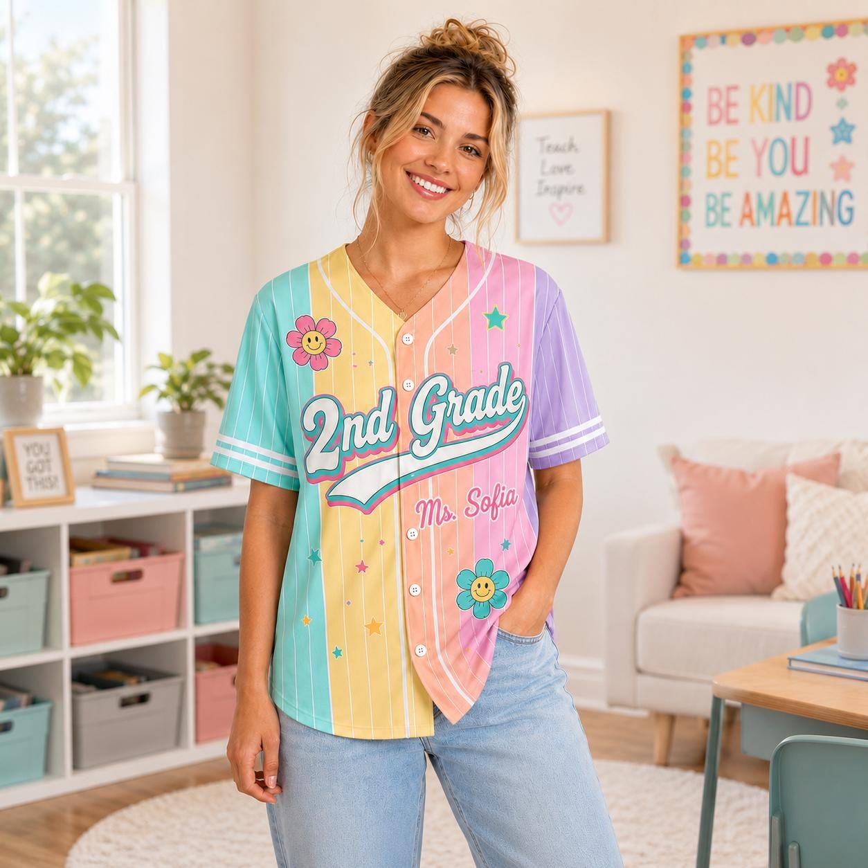 Custom Teacher Pinstripe Shirt Pastel Rainbow Baseball Jersey