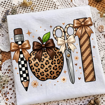 Cute Boho Teacher Shirt, Leopard Print Apple & School Supplies Graphic Tee, Fall Back to School Apparel