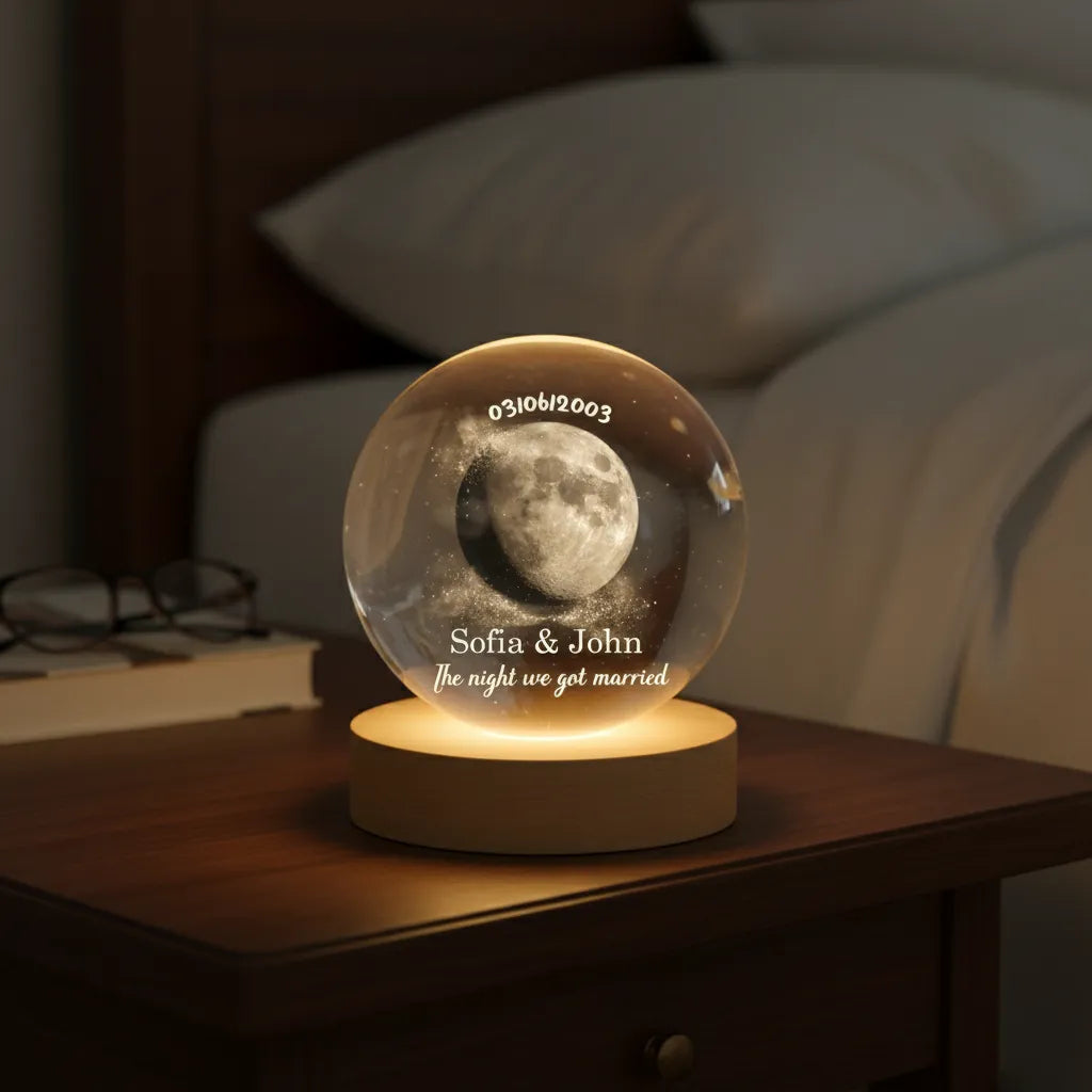 Personalized Moon Phase Crystal Ball Night Light, Anniversary Gift For Couple