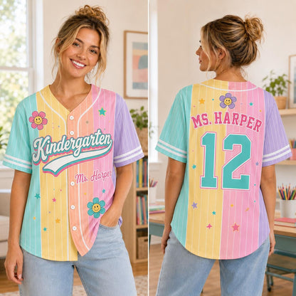 Custom Teacher Pinstripe Shirt Pastel Rainbow Baseball Jersey
