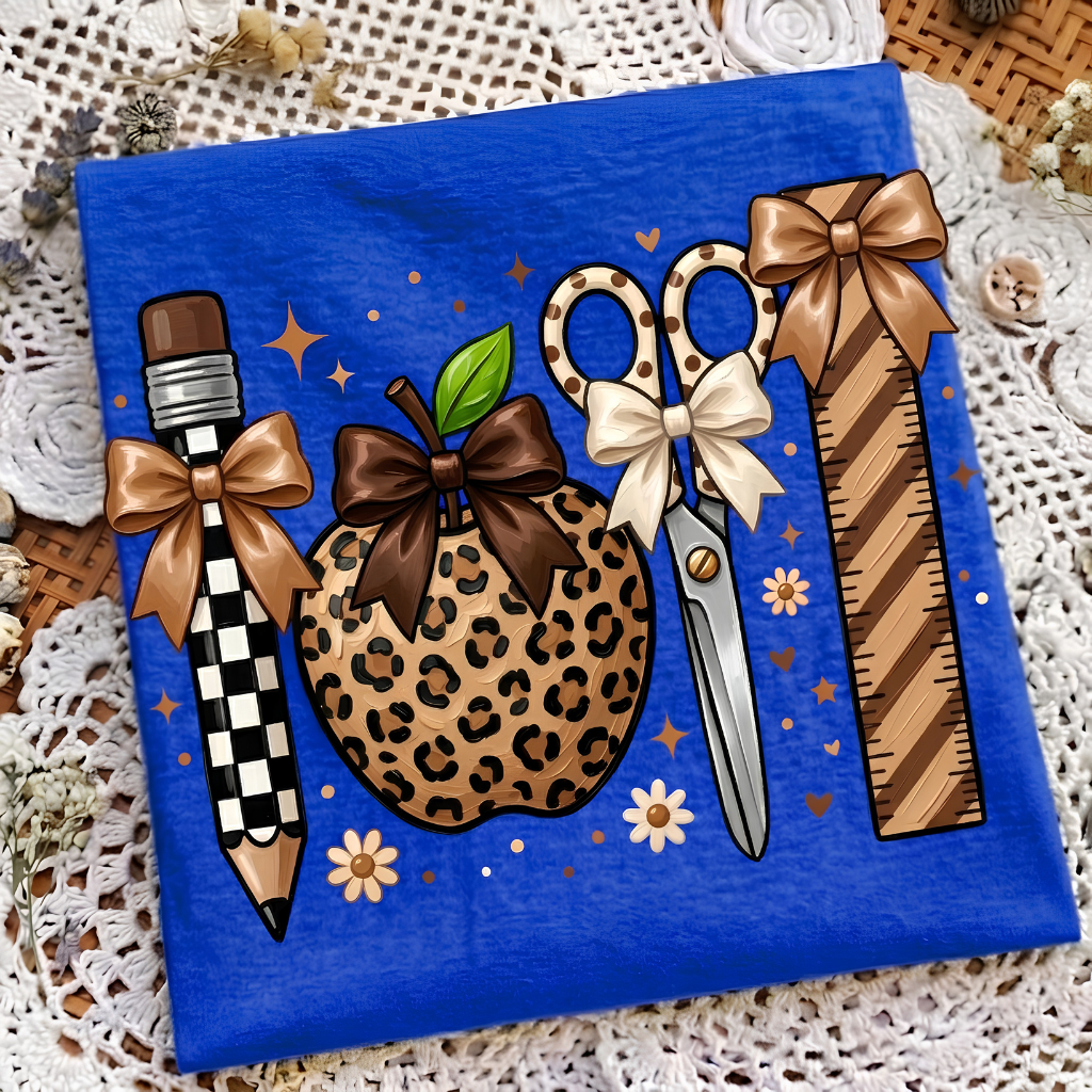 Cute Boho Teacher Shirt, Leopard Print Apple & School Supplies Graphic Tee, Fall Back to School Apparel