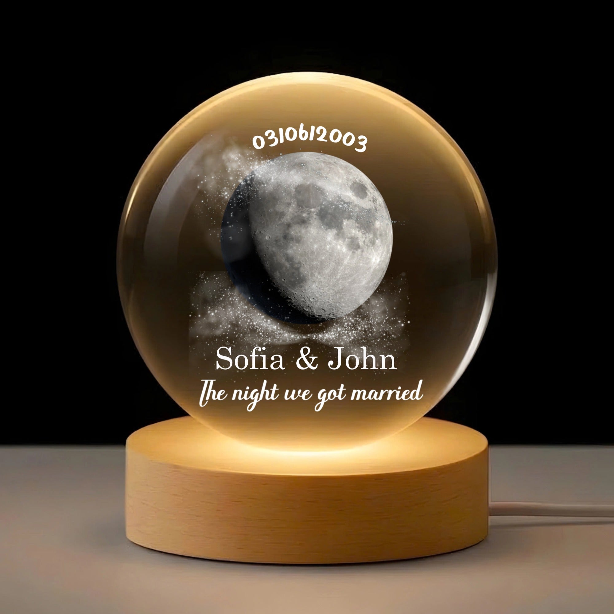 Personalized Moon Phase Crystal Ball Night Light, Anniversary Gift For Couple