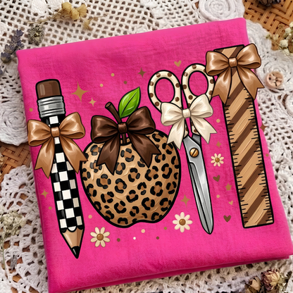 Cute Boho Teacher Shirt, Leopard Print Apple & School Supplies Graphic Tee, Fall Back to School Apparel