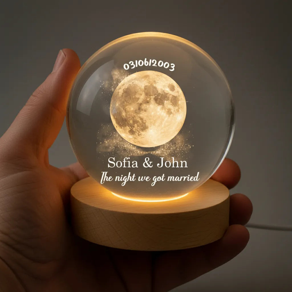 Personalized Moon Phase Crystal Ball Night Light, Anniversary Gift For Couple