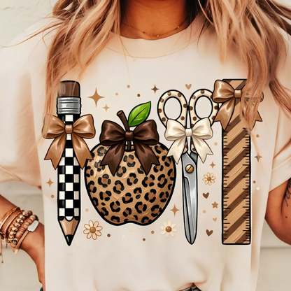 Cute Boho Teacher Shirt, Leopard Print Apple & School Supplies Graphic Tee, Fall Back to School Apparel