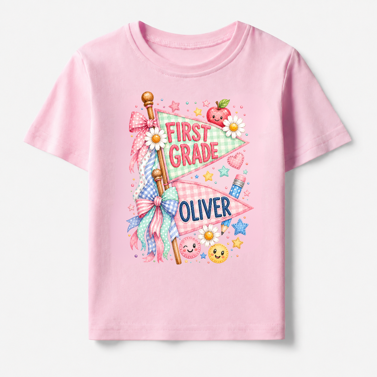 Cute Pennant Flag Student T-Shirt, Personalized Name and Grade Kids Tee, First Day of School Shirt