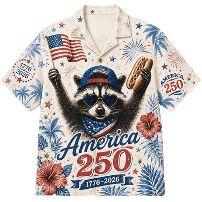 America 250 Patriotic Raccoon Hawaiian Shirt,  1776–2026 Anniversary Edition
