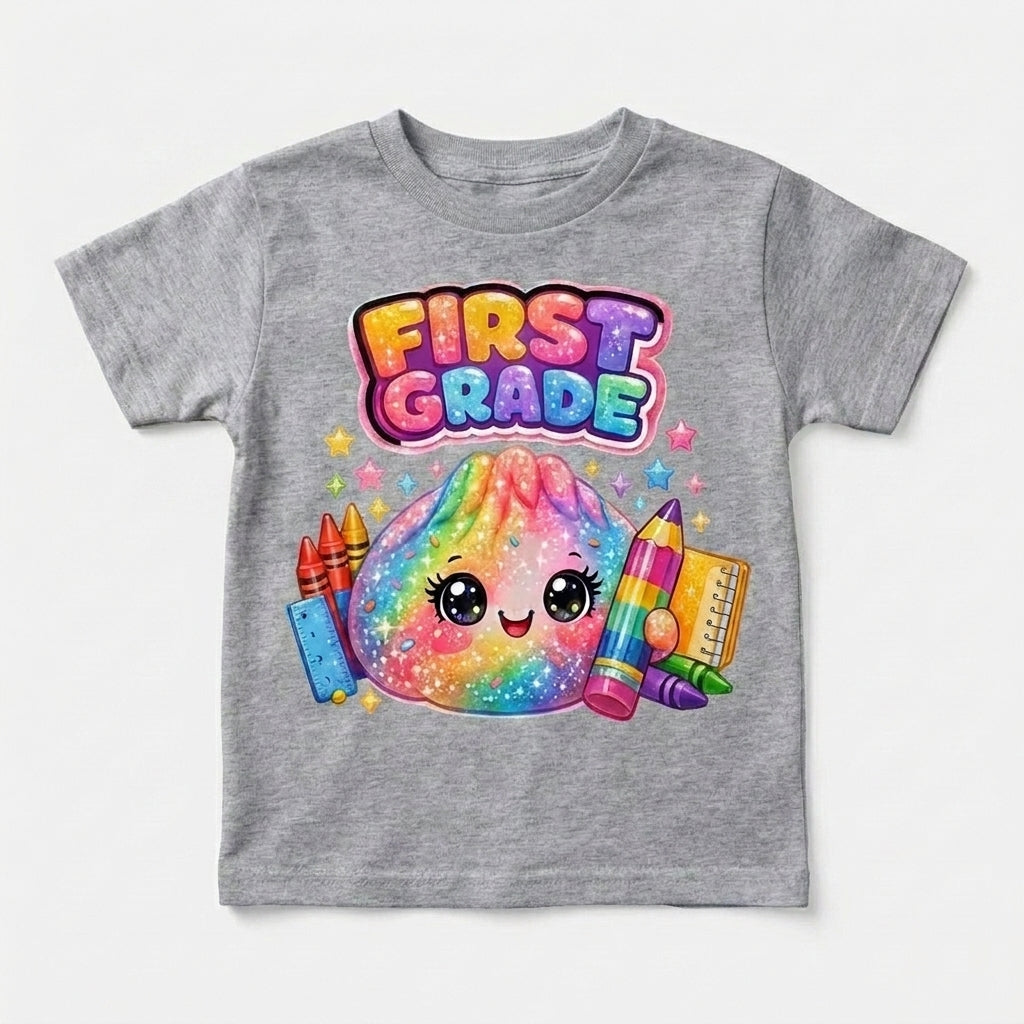 First Grade Shirt for Girls, Cute Kawaii Back to School T-Shirt, First Day of School Outfit, Rainbow School Supplies Tee, Kids Graphic Shirt