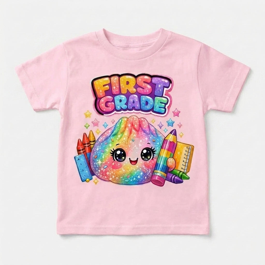 First Grade Shirt for Girls, Cute Kawaii Back to School T-Shirt, First Day of School Outfit, Rainbow School Supplies Tee, Kids Graphic Shirt