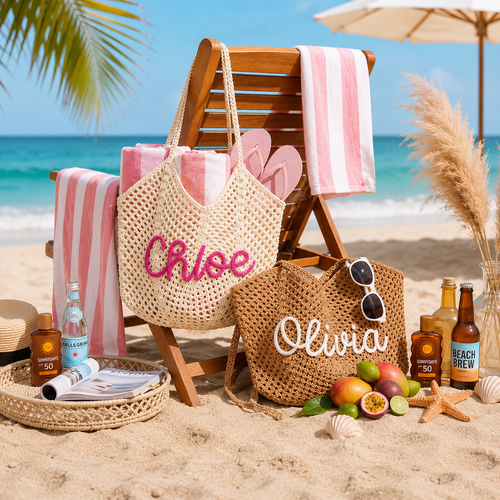 Personalized Crochet Beach Tote Bag, Custom Name Handmade Cotton Tote, Lightweight Summer Travel Bag
