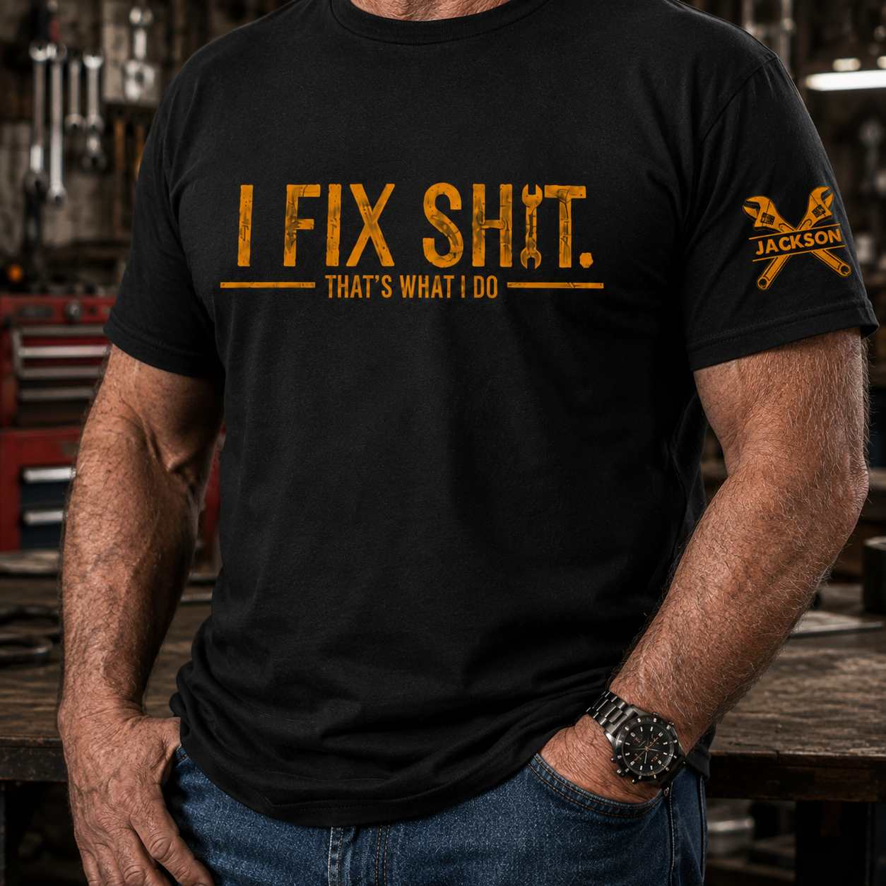 Personalized I Fix Sh!t Shirt, Funny Mechanic Gift For Men, Handyman Dad Shirt, Husband Grandpa Garage Tee, Custom Name Work Shirt