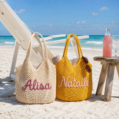 Personalized Crochet Beach Tote Bag, Custom Name Handmade Cotton Tote, Lightweight Summer Travel Bag