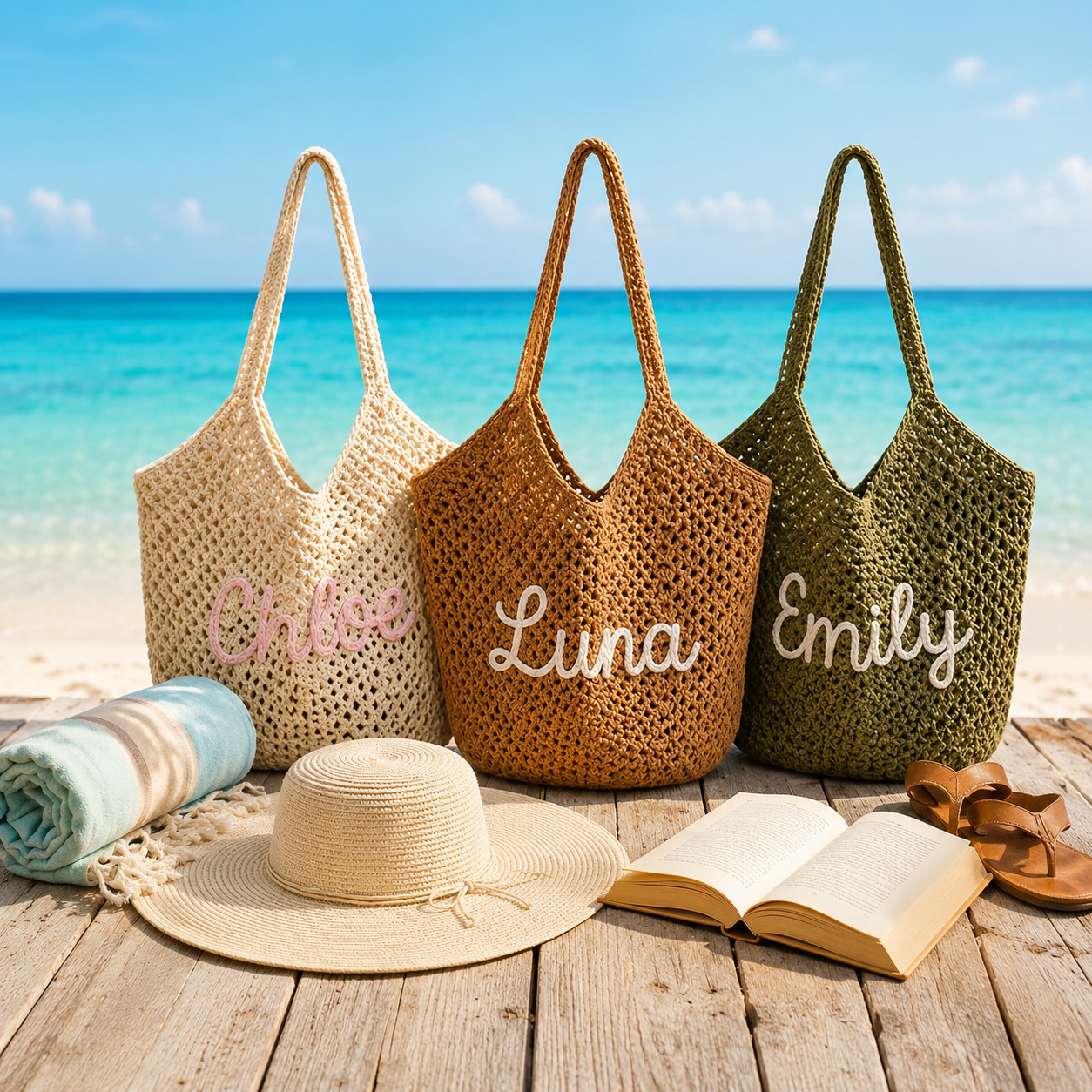 Personalized Crochet Beach Tote Bag, Custom Name Handmade Cotton Tote, Lightweight Summer Travel Bag