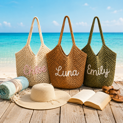 Personalized Crochet Beach Tote Bag, Custom Name Handmade Cotton Tote, Lightweight Summer Travel Bag