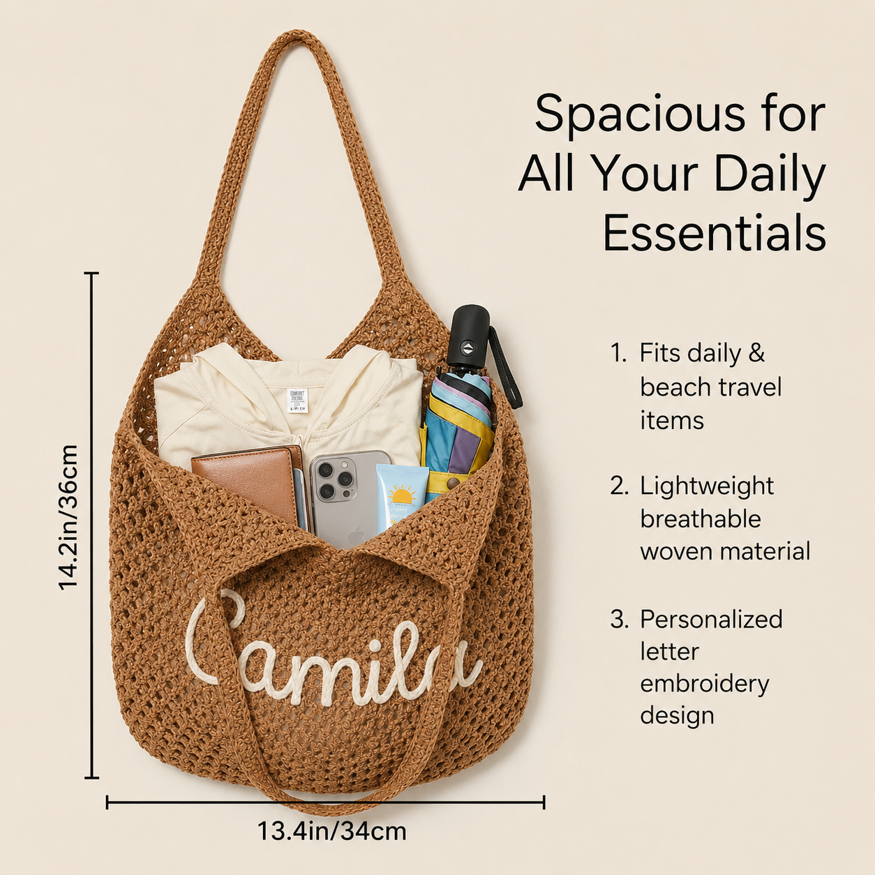 Personalized Crochet Beach Tote Bag, Custom Name Handmade Cotton Tote, Lightweight Summer Travel Bag