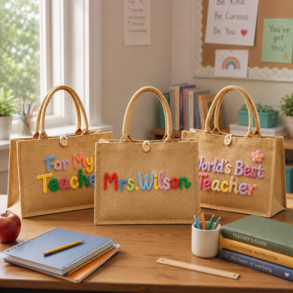 Personalized Burlap &Crochet Teacher Tote Bag, Back to School Tote
