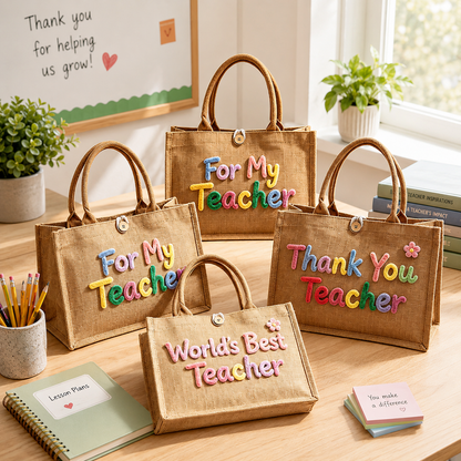 Personalized Burlap &Crochet Teacher Tote Bag, Back to School Tote