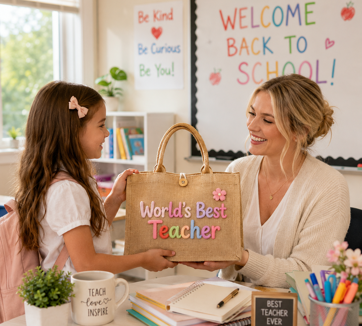 Personalized Burlap &Crochet Teacher Tote Bag, Back to School Tote