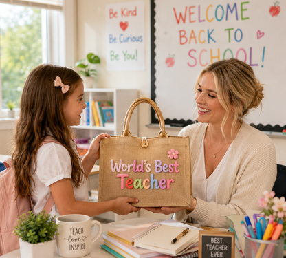 Personalized Burlap &Crochet Teacher Tote Bag, Back to School Tote