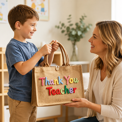 Personalized Burlap &Crochet Teacher Tote Bag, Back to School Tote