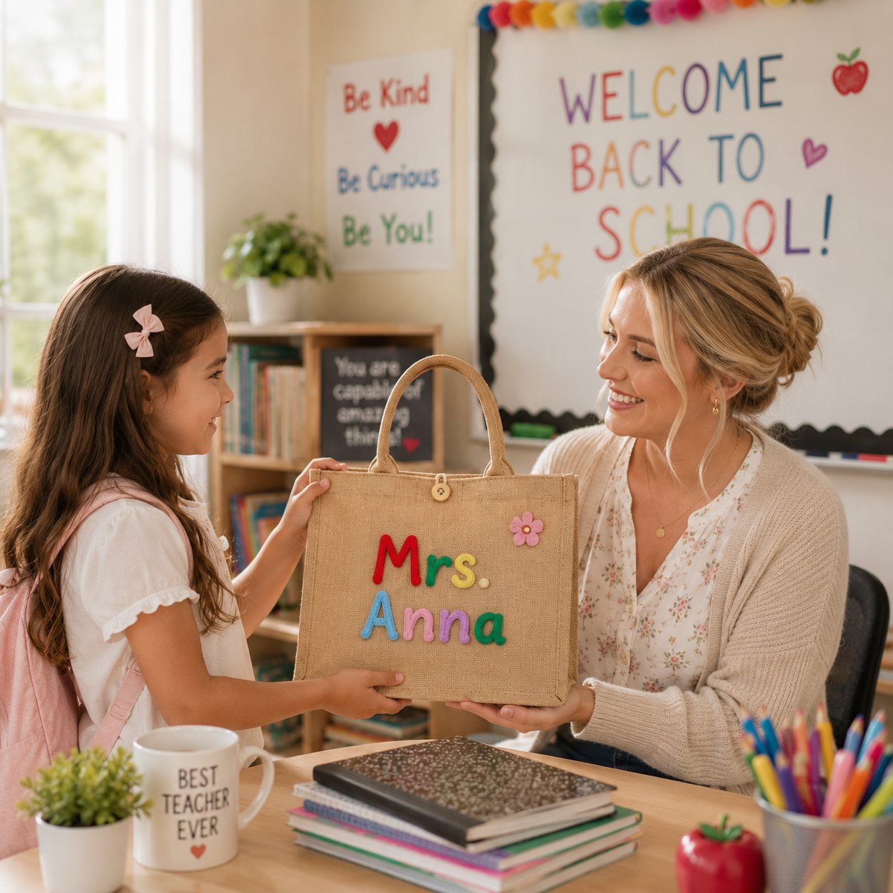 Personalized Burlap &Crochet Teacher Tote Bag, Back to School Tote