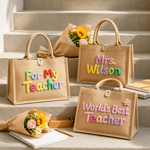 Personalized Burlap &Crochet Teacher Tote Bag, Back to School Tote