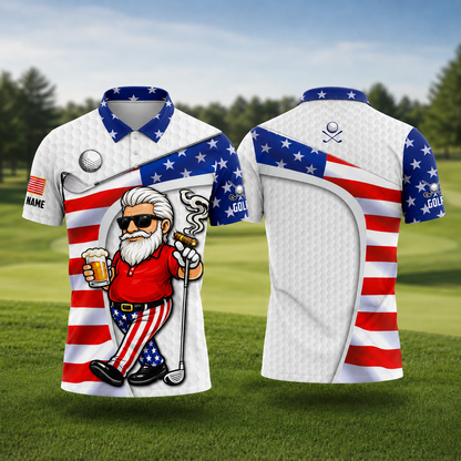 Golf And Beer Patriotic Man Golf Ball Pattern 4th Of July White Golf Shirt