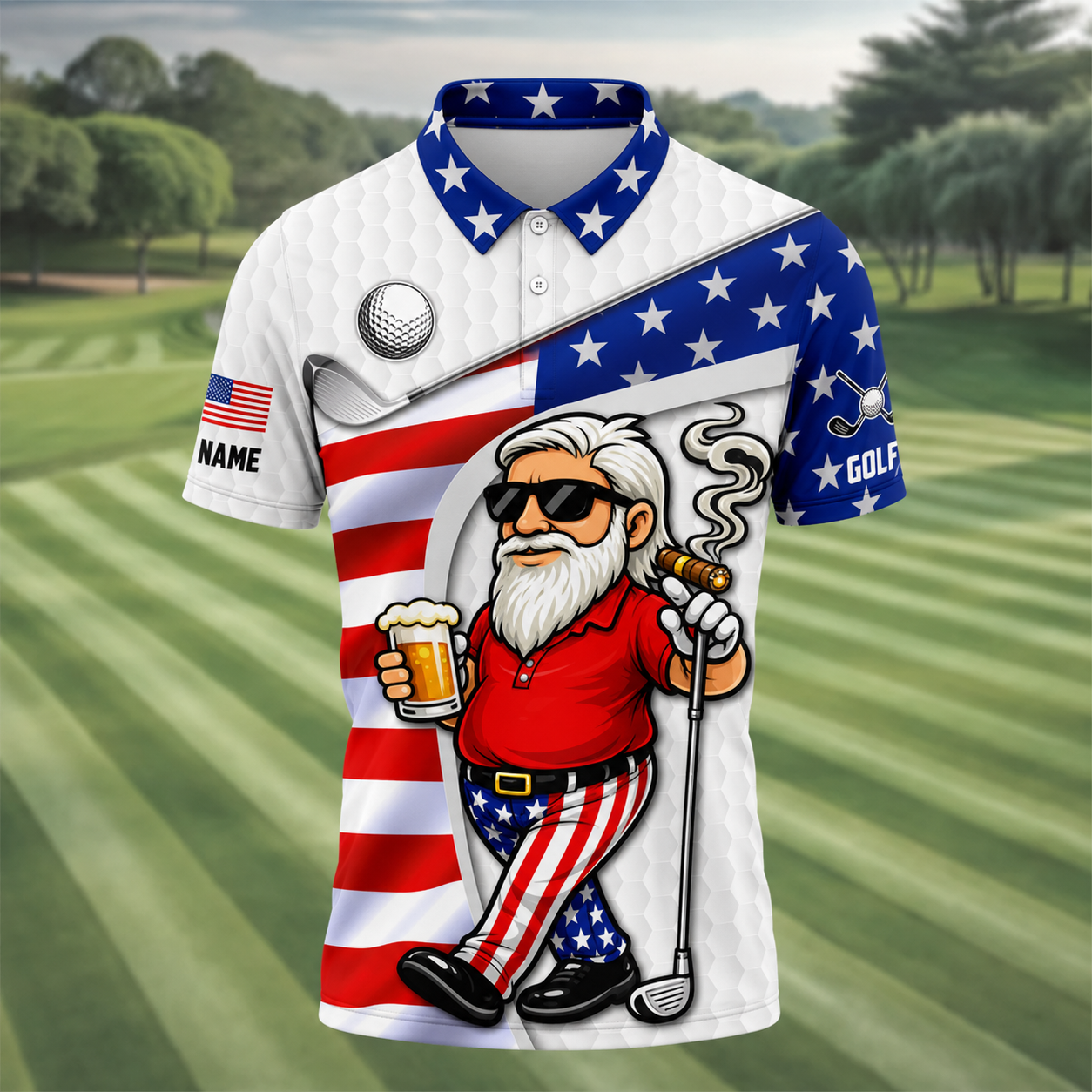 Golf And Beer Patriotic Man Golf Ball Pattern 4th Of July White Golf Shirt