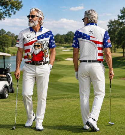 Golf And Beer Patriotic Man Golf Ball Pattern 4th Of July White Golf Shirt