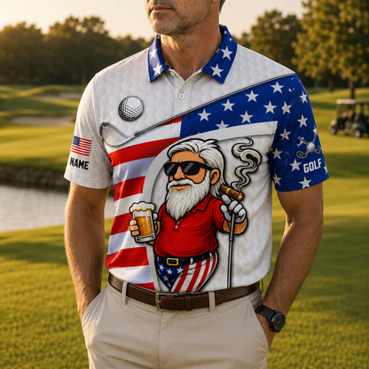 Golf And Beer Patriotic Man Golf Ball Pattern 4th Of July White Golf Shirt