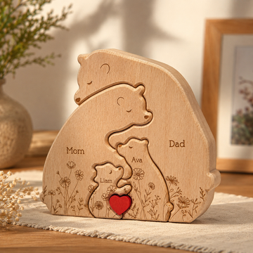 Hugging Bear Family Floral Version - Personalized Wooden Bear Family Puzzle - Gift For Dad