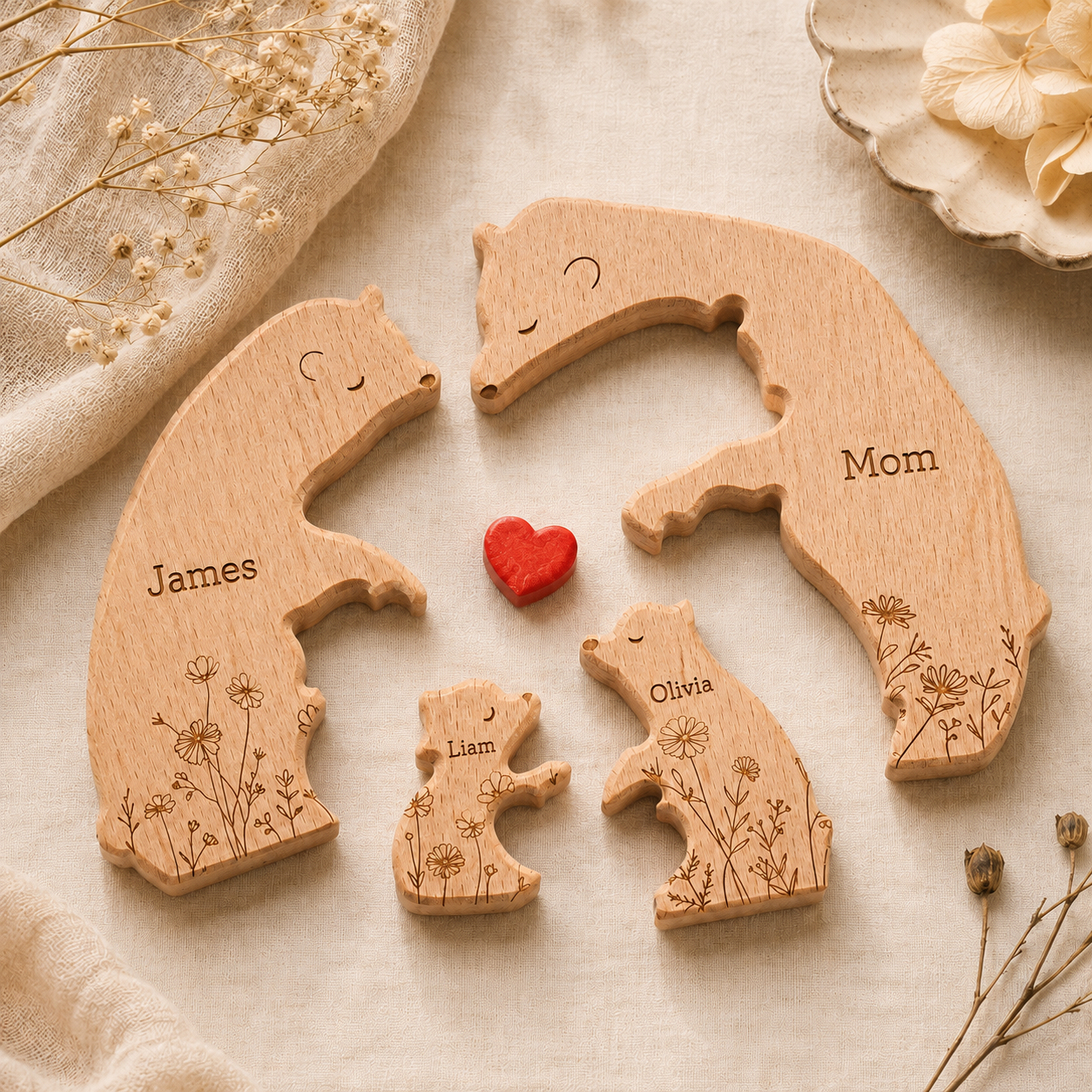 Hugging Bear Family Floral Version - Personalized Wooden Bear Family Puzzle - Gift For Dad