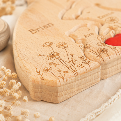 Hugging Bear Family Floral Version - Personalized Wooden Bear Family Puzzle - Gift For Dad