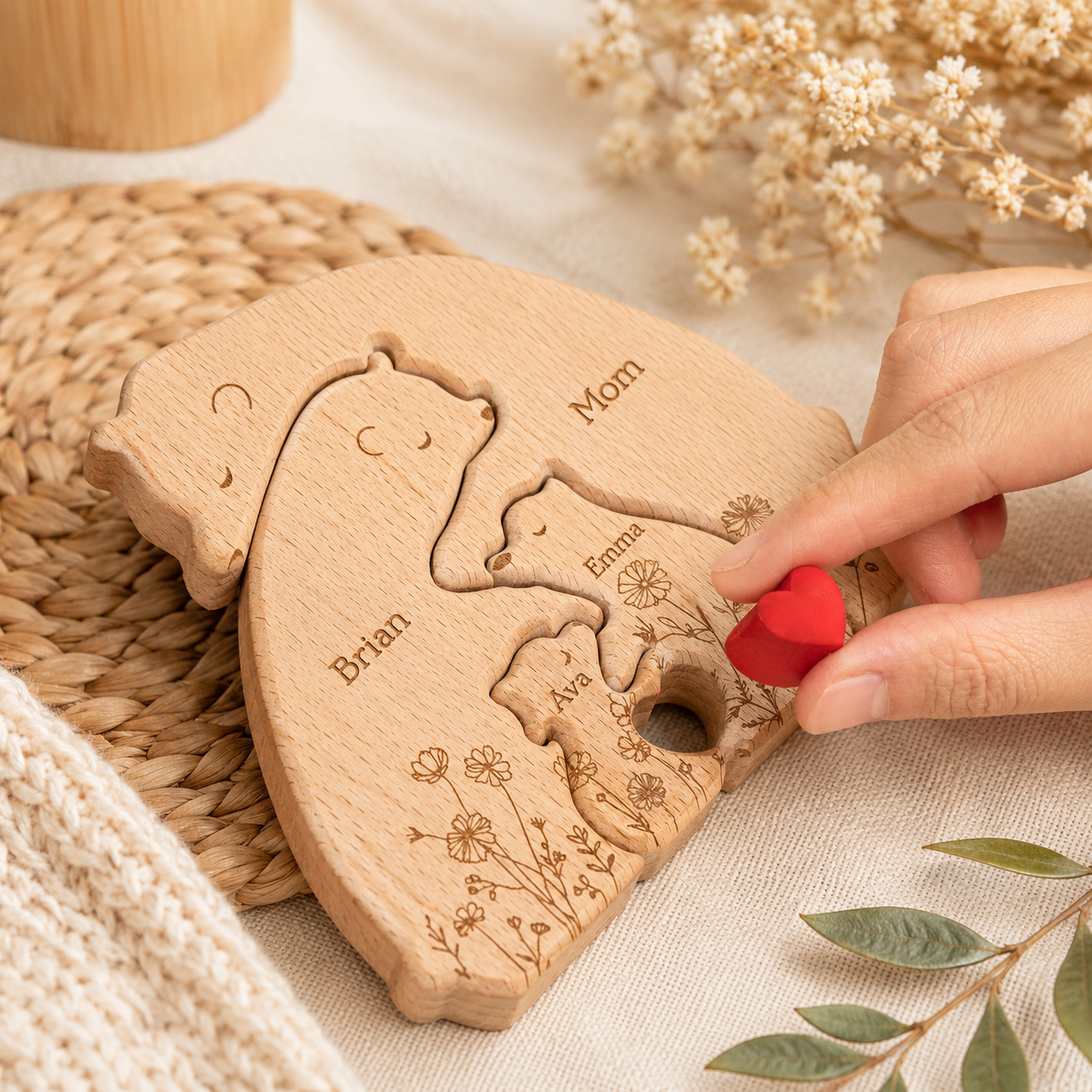 Hugging Bear Family Floral Version - Personalized Wooden Bear Family Puzzle - Gift For Dad