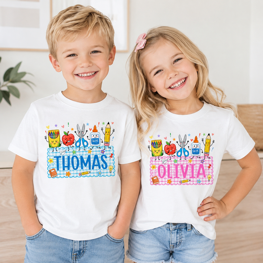 Cute School Supplies Kids Shirt, Personalized First Day of School Tee
