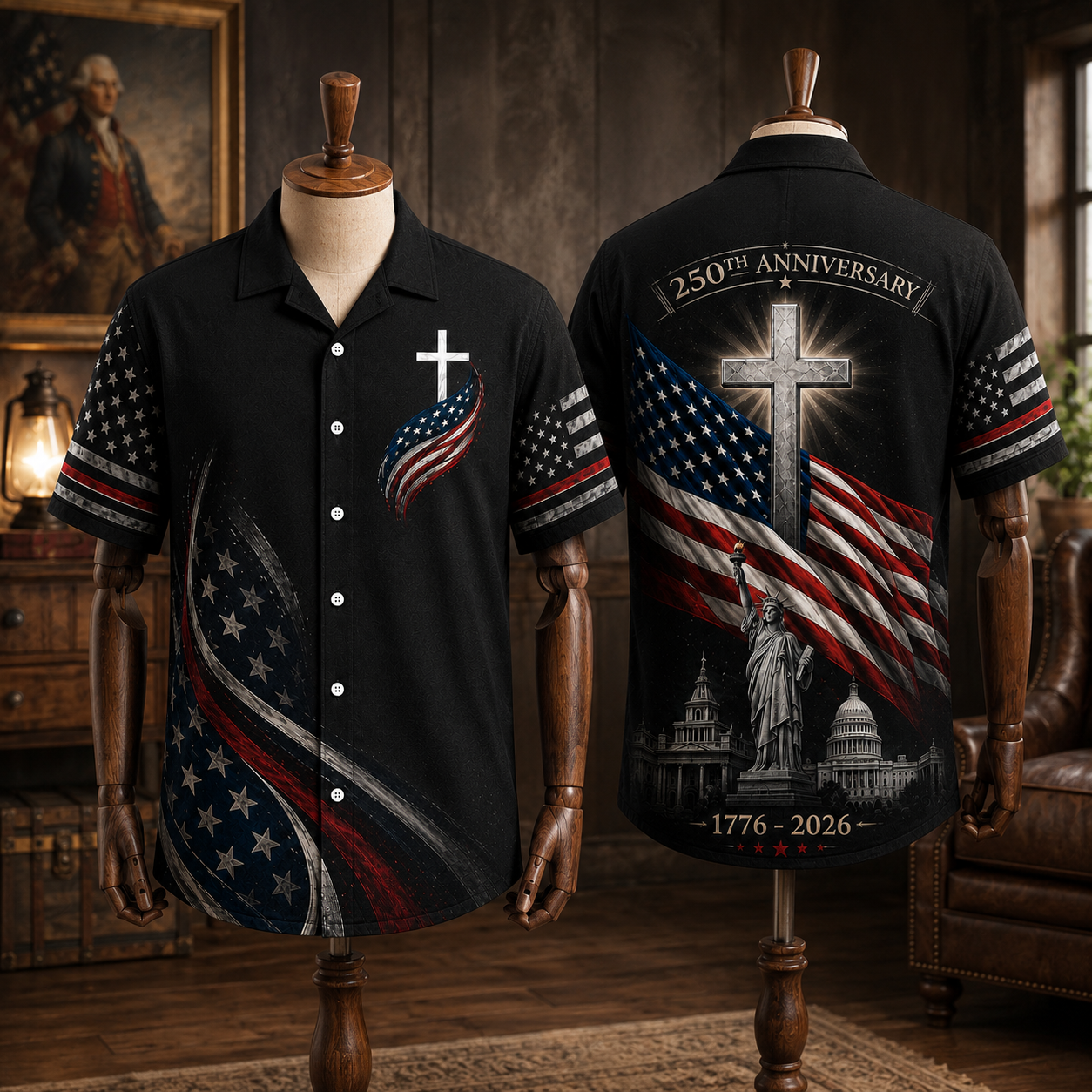America 250th Anniversary Shirt, Patriotic Flag Cross Hawaiian Shirt