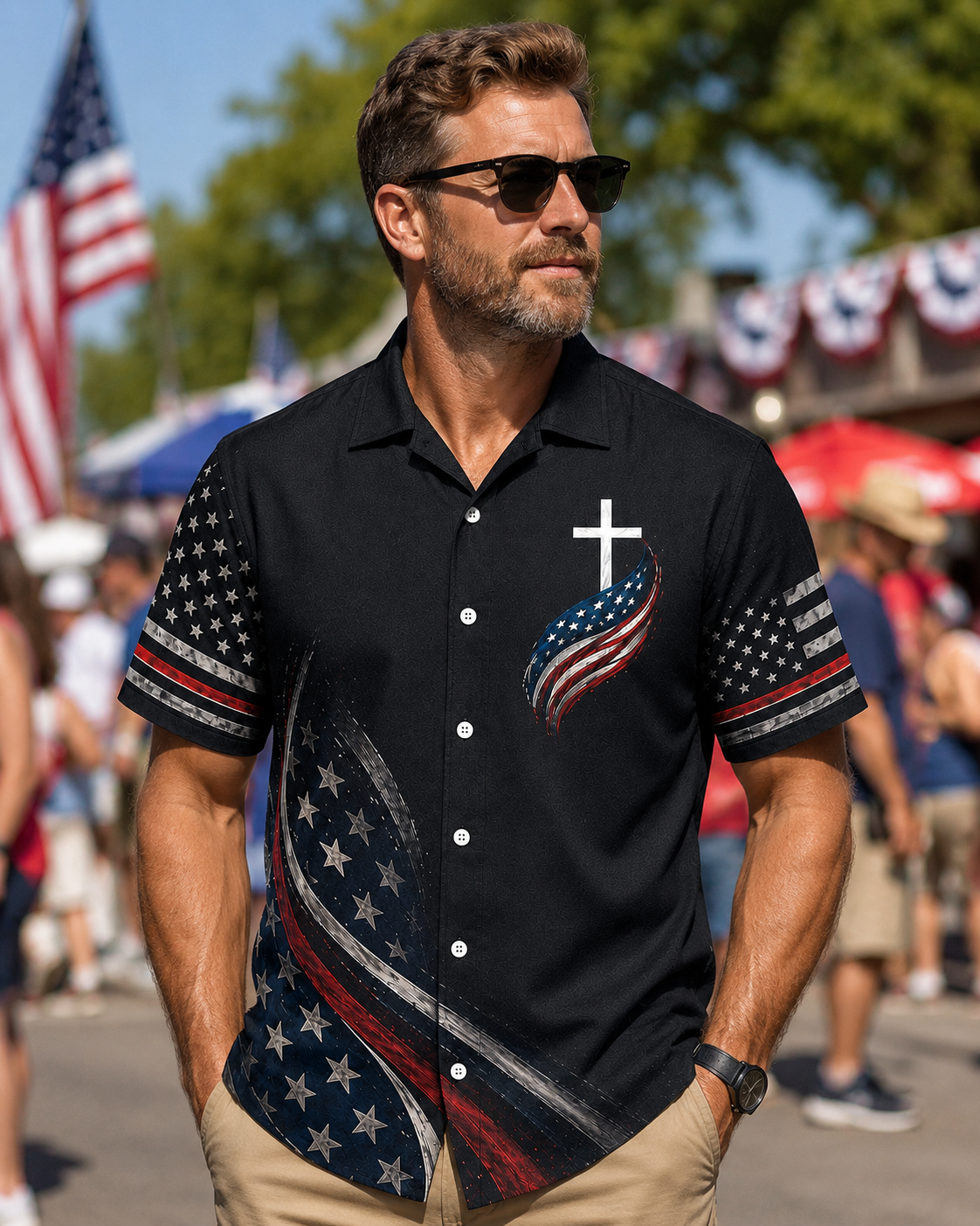 America 250th Anniversary Shirt, Patriotic Flag Cross Hawaiian Shirt