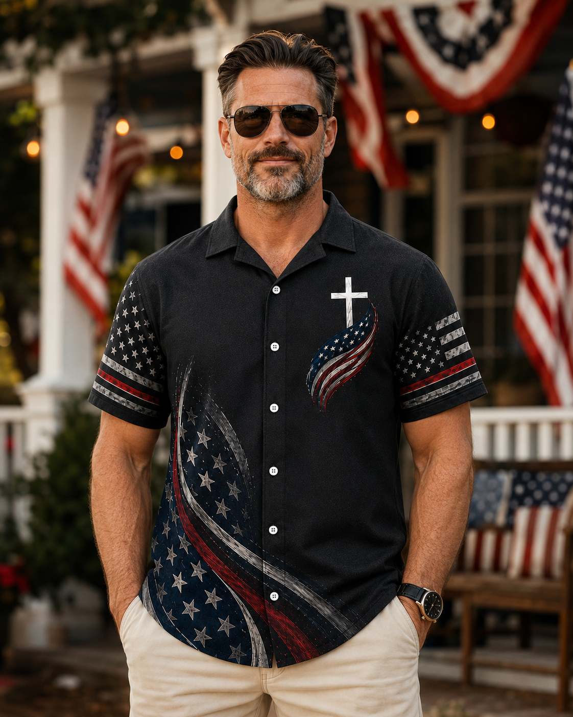 America 250th Anniversary Shirt, Patriotic Flag Cross Hawaiian Shirt