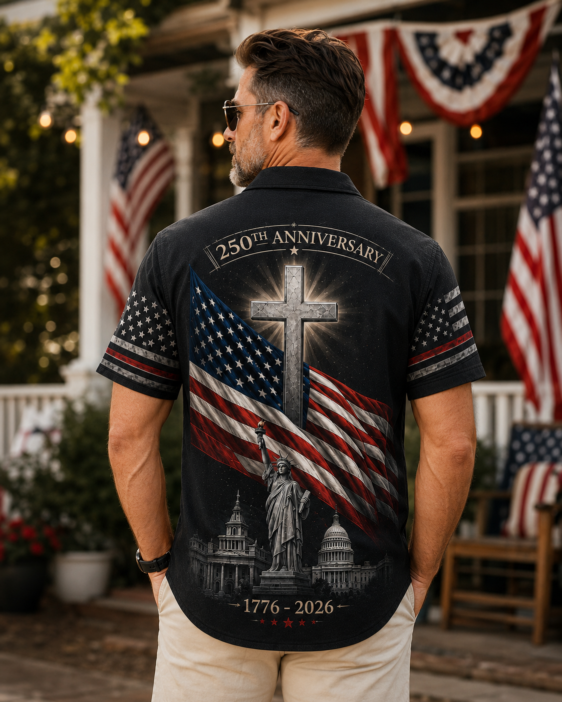 America 250th Anniversary Shirt, Patriotic Flag Cross Hawaiian Shirt