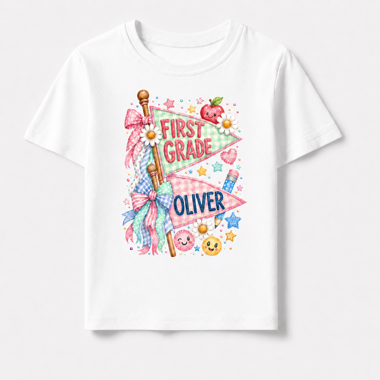 Cute Pennant Flag Student T-Shirt, Personalized Name and Grade Kids Tee, First Day of School Shirt