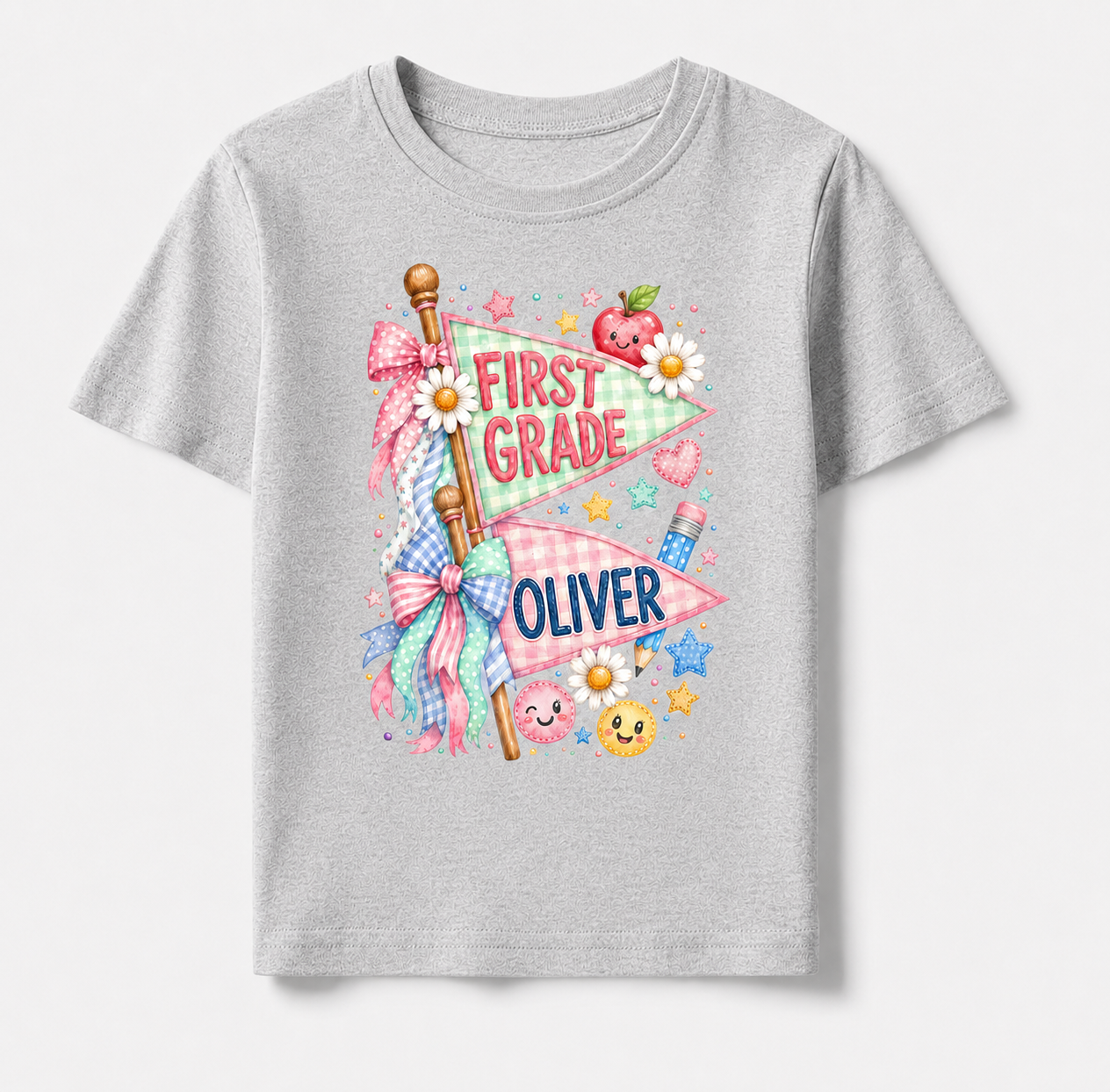 Cute Pennant Flag Student T-Shirt, Personalized Name and Grade Kids Tee, First Day of School Shirt