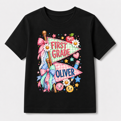 Cute Pennant Flag Student T-Shirt, Personalized Name and Grade Kids Tee, First Day of School Shirt