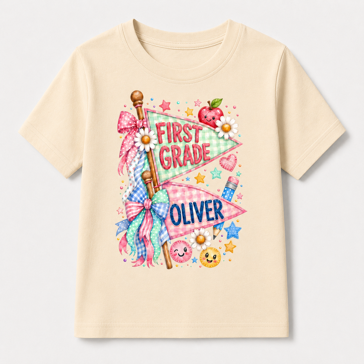 Cute Pennant Flag Student T-Shirt, Personalized Name and Grade Kids Tee, First Day of School Shirt
