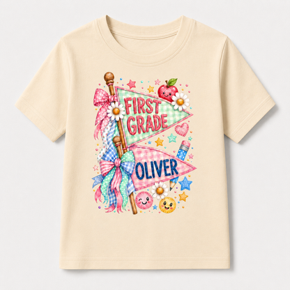Cute Pennant Flag Student T-Shirt, Personalized Name and Grade Kids Tee, First Day of School Shirt