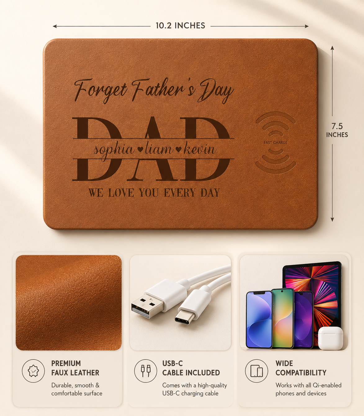 Father's Day Gifts, Dad Forget Father's Day We Love You Everyday - Personalized Leather Charging Mat