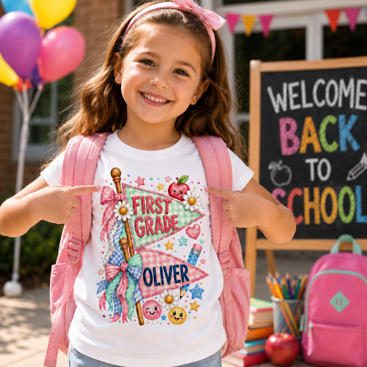 Cute Pennant Flag Student T-Shirt, Personalized Name and Grade Kids Tee, First Day of School Shirt