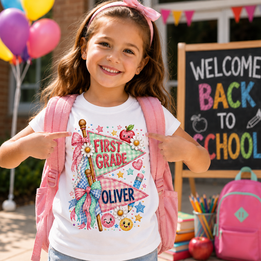 Cute Pennant Flag Student T-Shirt, Personalized Name and Grade Kids Tee, First Day of School Shirt
