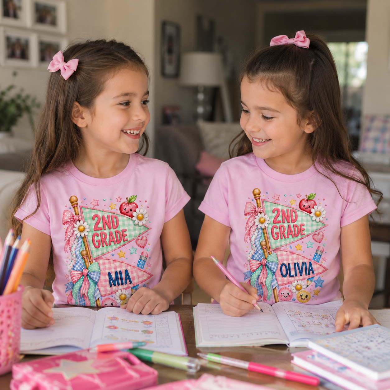 Cute Pennant Flag Student T-Shirt, Personalized Name and Grade Kids Tee, First Day of School Shirt