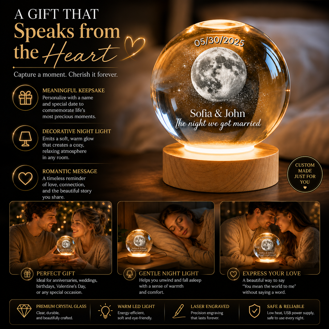 Personalized Moon Phase Crystal Ball Night Light, Anniversary Gift For Couple
